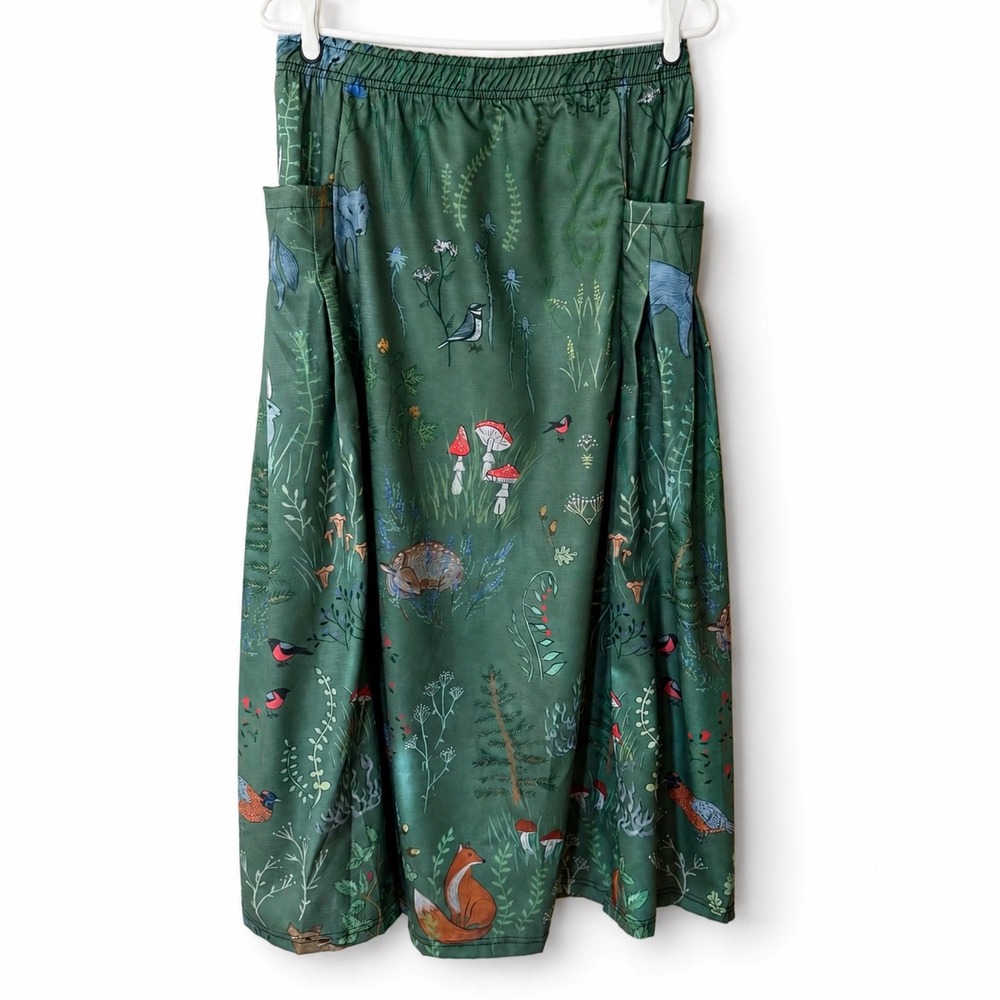 Handmade Woodland Forest Fox Mushroom Green Midi Skirt Pockets XXL Cottagecore - Picture 2 of 6